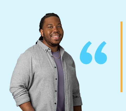 Photo of Royal smiling with the following caption: ‘Royal lives with hemophilia B with inhibitors, uses Alhemo®, and is an employee of Novo Nordisk.’