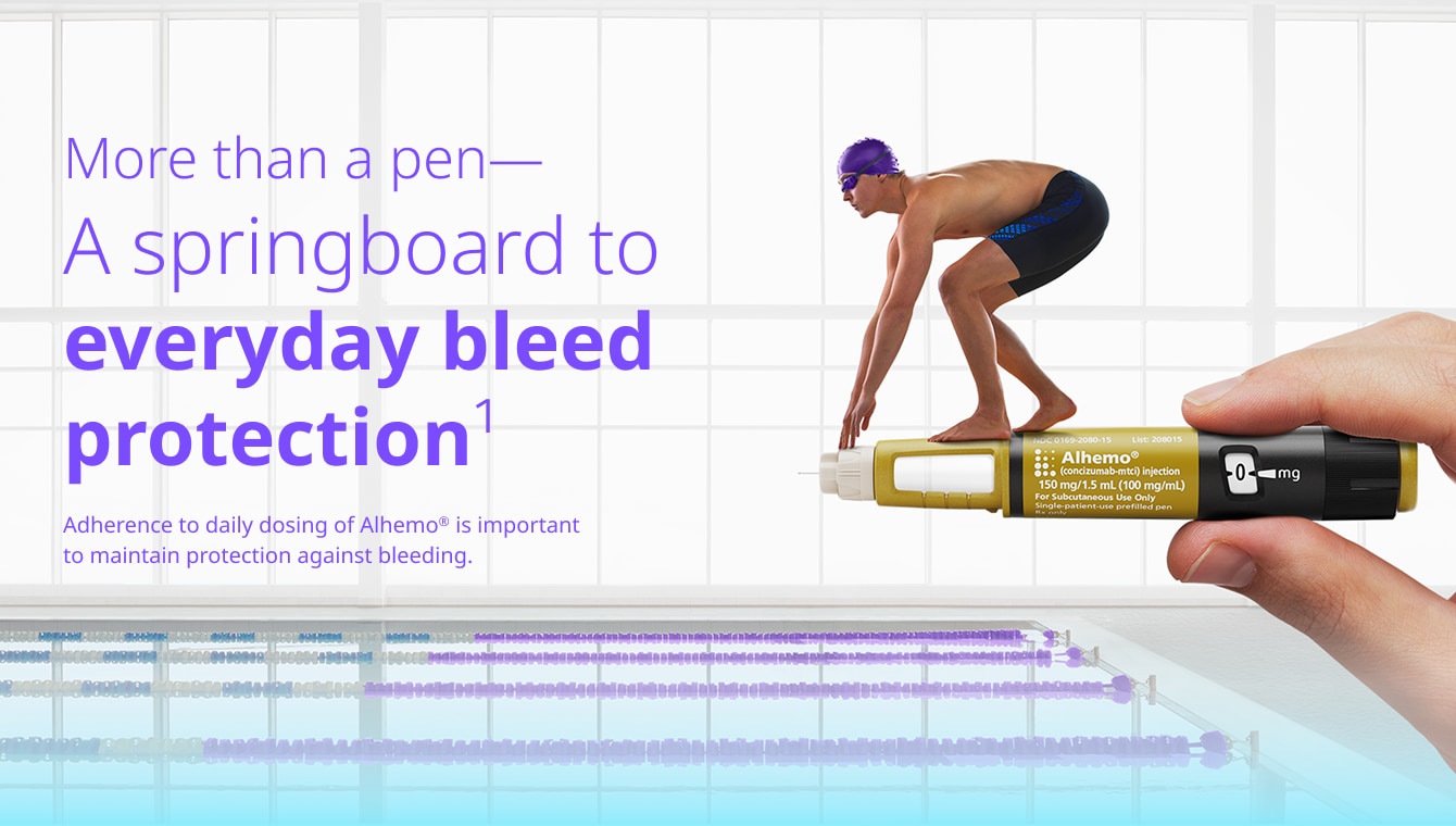 Photo of a diver perched on an Alhemo® pen, ready to jump, with text that reads: 'More than a pen— A springboard to everyday bleed protection(1) Adherence to daily dosing of Alhemo® is important to maintain protection against bleeding.'