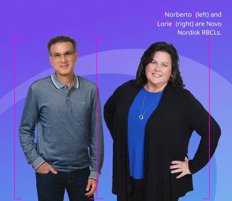 A photo of the Alhemo® prefilled pen with four images of Royal on top (playing basketball, traveling with a backpack, playing the drums, standing and smiling). A caption under the photo reads: ‘Royal lives with hemophilia B with inhibitors, uses Alhemo®, and is an employee of Novo Nordisk.’