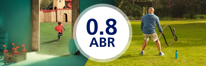 0.8 ABR with image of man exercising with ropes and image of child wearing a cape and running in the background.