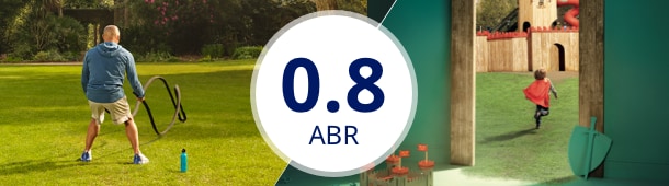 0.8 ABR with image of man exercising with ropes and image of child wearing a cape and running in the background.