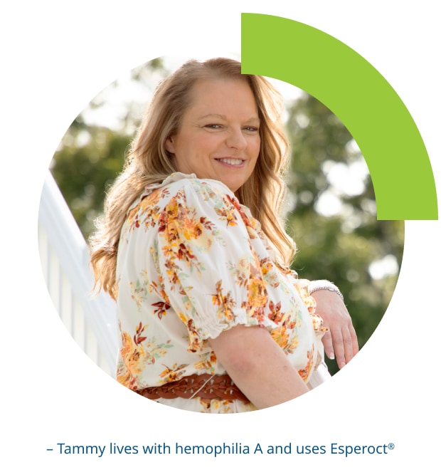 Photo of a woman smiling with the caption ‘Tammy lives with hemophilia A and uses Esperoct®’