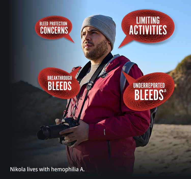 Nikola looks thoughtfully into the distance holding his camera, his treatment concerns animated around him.