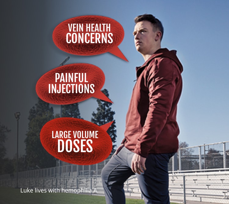 Image of man in an outdoor setting, with speech bubbles containing text