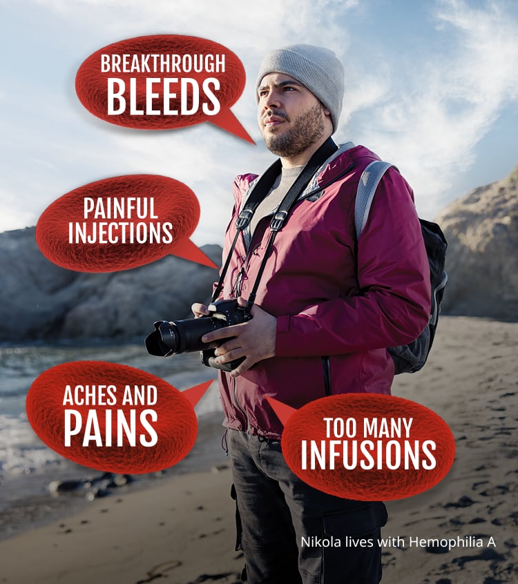 person outside on a beach with four superimposed bubbles that read 'Breakthrough Bleeds,' 'Painful Injections,' 'Aches and Pains,' and 'Too Many Infusions'