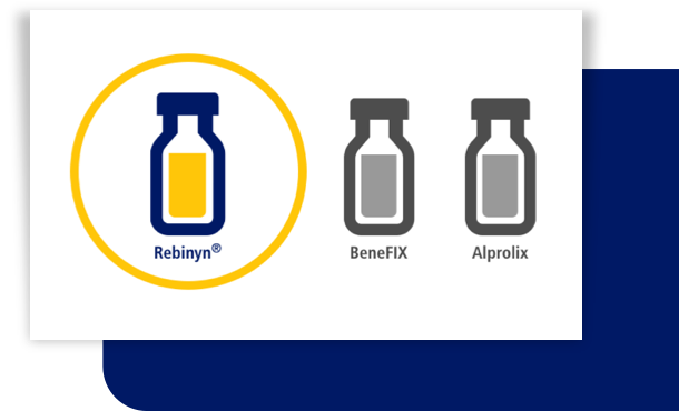 Illustration depicting three product vials: Rebinyn®, at left, with yellow label and a yellow circle around the vial; BeneFIX, center, with a gray label; and Alprolix®, right, with a gray label.